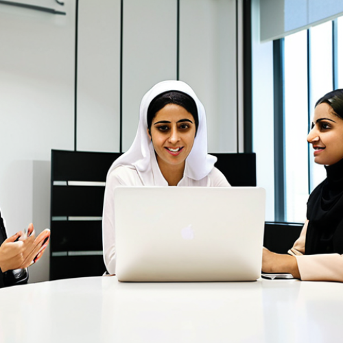 Home 19 **Image Prompt:** A diverse group of Arab female entrepreneurs pitching their startup ideas to a panel of venture capitalists in a modern co-working space in Dubai. The scene should be brightly lit and convey a sense of innovation and empowerment. Focus on the confident expressions of the women and the attentive interest of the investors. Include laptops displaying business plans and data visualizations.