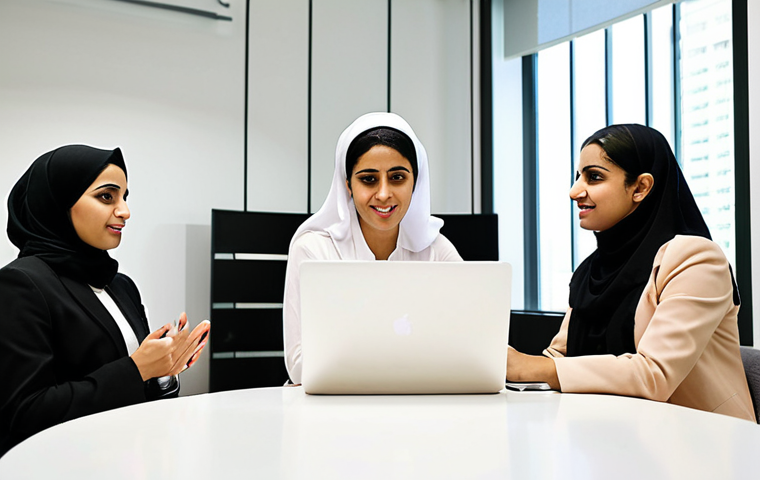 **Image Prompt:** A diverse group of Arab female entrepreneurs pitching their startup ideas to a panel of venture capitalists in a modern co-working space in Dubai. The scene should be brightly lit and convey a sense of innovation and empowerment. Focus on the confident expressions of the women and the attentive interest of the investors. Include laptops displaying business plans and data visualizations.