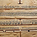 **Image Prompt:** An early Arabic inscription in a museum, showing the Nabataean origins with added dots and strokes. Focus on the texture of the stone or parchment and the evolution of the letterforms. Capture the ingenuity and effort that went into creating this fundamental communication system.