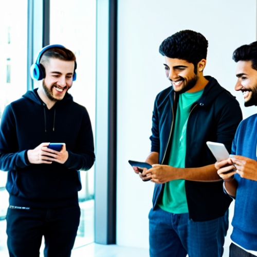Home 17 A diverse group of young adults, fully clothed in modern, modest attire, gathered in a bright, contemporary common area. One person is wearing headphones, smiling while looking at a smartphone displaying a music streaming interface with Arabic script. Others are casually interacting, some looking at a tablet showing a social media feed with short video clips. The background features subtle digital lines and interconnected elements, symbolizing global connectivity and data flow. The scene is vibrant, depicting cultural exchange through technology. Perfect anatomy, natural pose, well-formed hands, correct proportions, professional photography, high quality, safe for work, appropriate content, family-friendly.