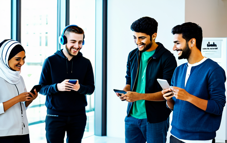 A diverse group of young adults, fully clothed in modern, modest attire, gathered in a bright, contemporary common area. One person is wearing headphones, smiling while looking at a smartphone displaying a music streaming interface with Arabic script. Others are casually interacting, some looking at a tablet showing a social media feed with short video clips. The background features subtle digital lines and interconnected elements, symbolizing global connectivity and data flow. The scene is vibrant, depicting cultural exchange through technology. Perfect anatomy, natural pose, well-formed hands, correct proportions, professional photography, high quality, safe for work, appropriate content, family-friendly.