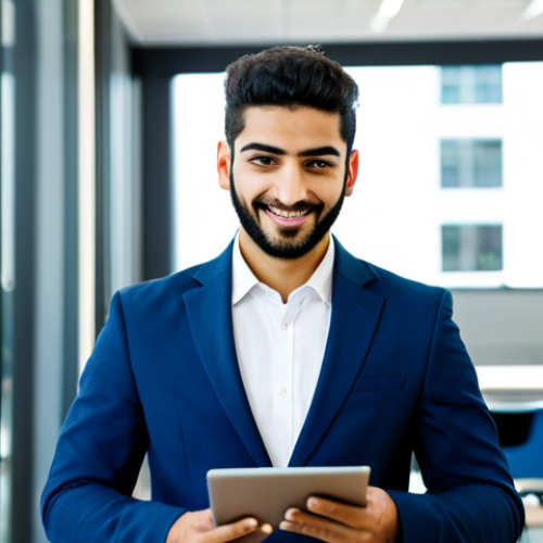 Home 8 A young Arab professional, male or female, in a modern, modest business suit, actively engaged with a tablet in a brightly lit, contemporary tech startup office. The background features blurred glass walls, subtle tech equipment, and a vibrant, collaborative atmosphere, resembling a dynamic innovation hub in a major Middle Eastern city. The subject has a focused, optimistic expression, embodying innovation and ambition. Safe for work, appropriate content, fully clothed, professional dress, perfect anatomy, correct proportions, natural pose, well-formed hands, proper finger count, natural body proportions, professional photography, high quality, sharp focus.