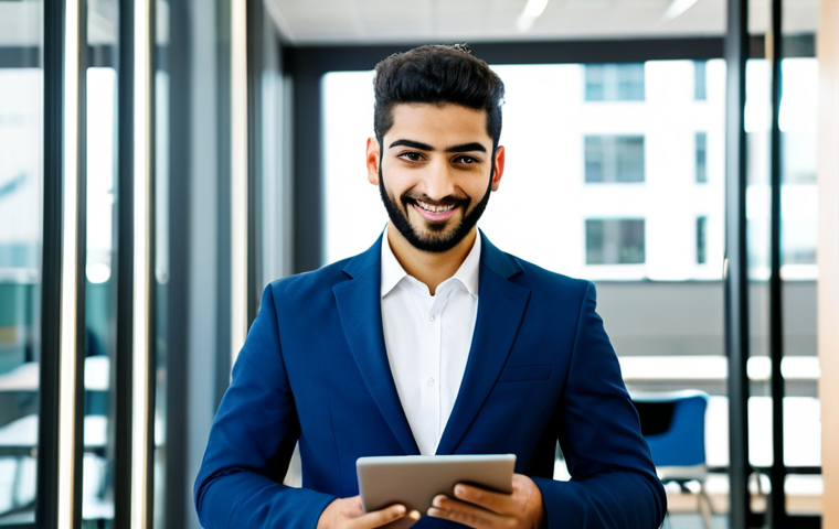 A young Arab professional, male or female, in a modern, modest business suit, actively engaged with a tablet in a brightly lit, contemporary tech startup office. The background features blurred glass walls, subtle tech equipment, and a vibrant, collaborative atmosphere, resembling a dynamic innovation hub in a major Middle Eastern city. The subject has a focused, optimistic expression, embodying innovation and ambition. Safe for work, appropriate content, fully clothed, professional dress, perfect anatomy, correct proportions, natural pose, well-formed hands, proper finger count, natural body proportions, professional photography, high quality, sharp focus.