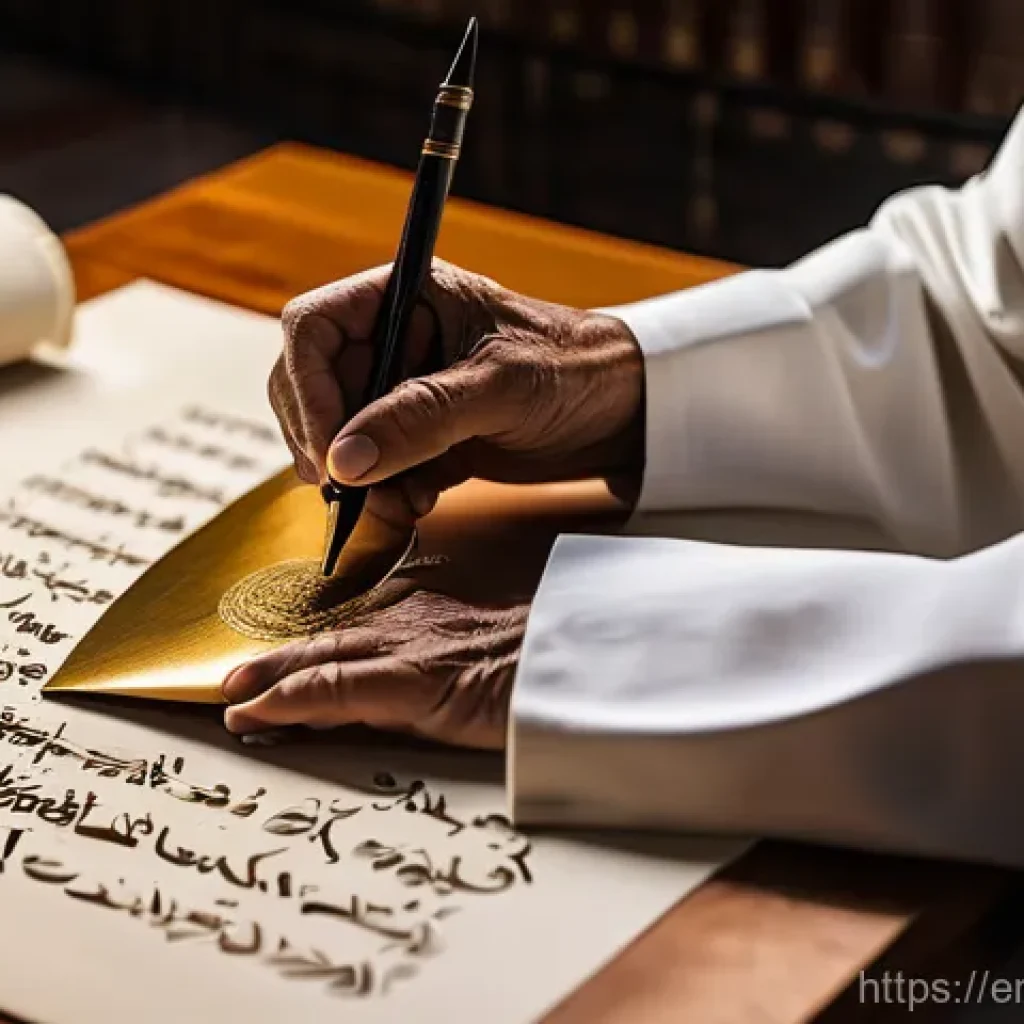 아랍어 문법 기초 - A revered, elderly Arabic calligrapher, dressed in modest, flowing traditional robes, intently worki...