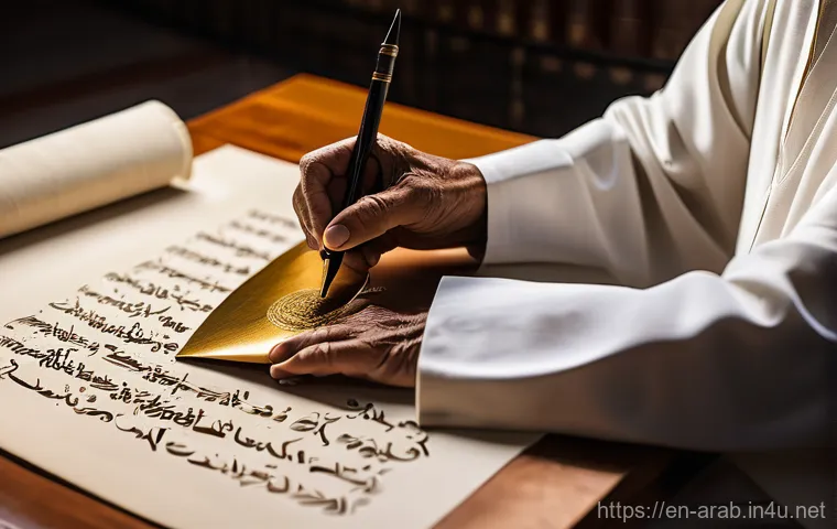 아랍어 문법 기초 - A revered, elderly Arabic calligrapher, dressed in modest, flowing traditional robes, intently worki...