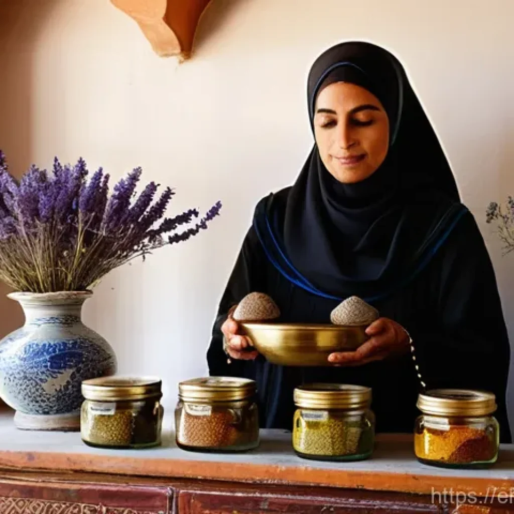 아랍어권에서의 대체의학 - **Prompt: A serene traditional Arab apothecary.**
    **Details:** A wise, elderly female herbalist,...