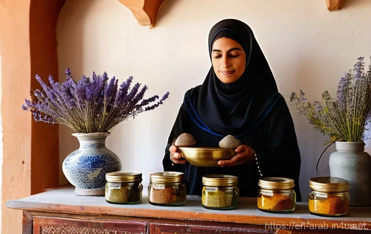 아랍어권에서의 대체의학 - **Prompt: A serene traditional Arab apothecary.**
    **Details:** A wise, elderly female herbalist,...