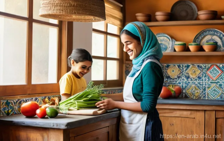 아랍어권에서의 유튜브 트렌드 - **Prompt:** A heartwarming scene featuring a diverse Arab family in a sunlit kitchen. A smiling gran...