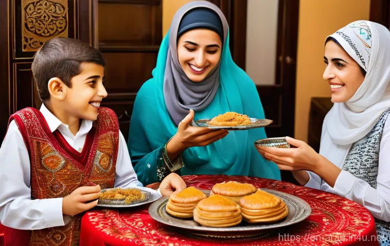 아랍어권에서의 인터넷 밈 - **Prompt 1: Exaggerated Arab Hospitality**
    "A vibrant and bustling multi-generational Arab famil...