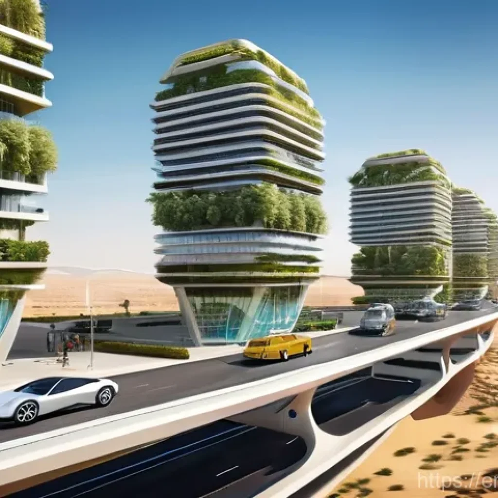 아랍어권에서의 기술 혁신 - **Prompt:** A sprawling, futuristic smart city, inspired by NEOM's 'The Line' and Masdar City's sust...