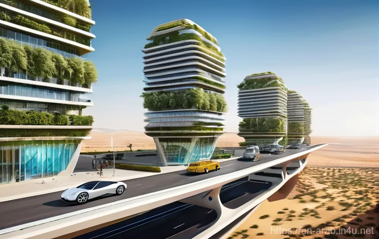 아랍어권에서의 기술 혁신 - **Prompt:** A sprawling, futuristic smart city, inspired by NEOM's 'The Line' and Masdar City's sust...