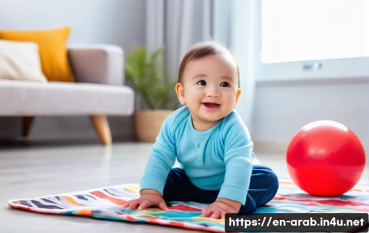아랍어권에서의 SNS 인기 해시태그 - **Prompt:** A bright and cheerful toddler, around 2 years old, sitting on a colorful playmat indoors...