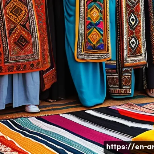 아랍어를 사용하는 민족 - A vibrant Middle Eastern market scene showcasing traditional Arabic textiles and embroidery, with ar...