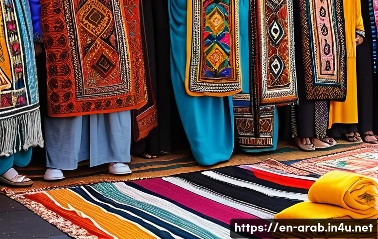 아랍어를 사용하는 민족 - A vibrant Middle Eastern market scene showcasing traditional Arabic textiles and embroidery, with ar...