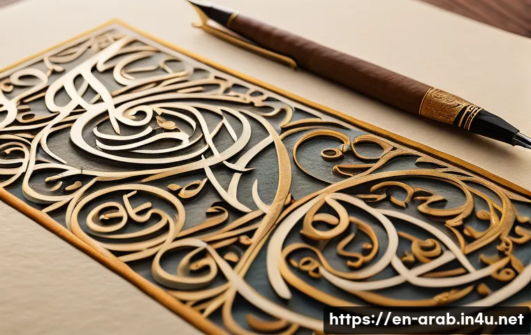 아랍어 필기체와 인쇄체 차이 - A detailed close-up image of Arabic handwritten script on textured paper, showcasing fluid, connecte...