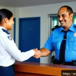 아랍어 경찰서에서 필요한 표현 - A respectful scene inside a modern police station lobby featuring a diverse traveler politely greeti...