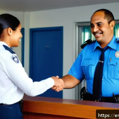 아랍어 경찰서에서 필요한 표현 - A respectful scene inside a modern police station lobby featuring a diverse traveler politely greeti...