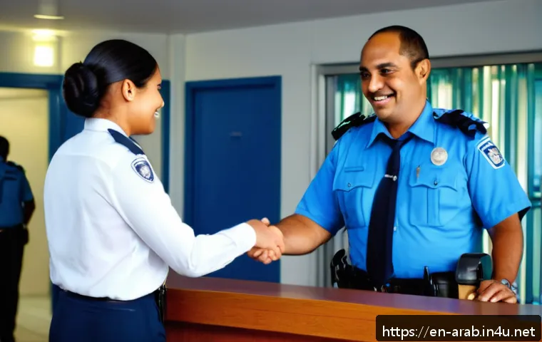 아랍어 경찰서에서 필요한 표현 - A respectful scene inside a modern police station lobby featuring a diverse traveler politely greeti...