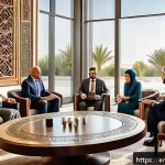 아랍어권에서의 비즈니스 매너 - A warm and inviting Arab business meeting scene set in a modern, elegant conference room with tradit...