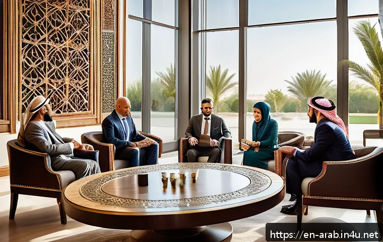 아랍어권에서의 비즈니스 매너 - A warm and inviting Arab business meeting scene set in a modern, elegant conference room with tradit...