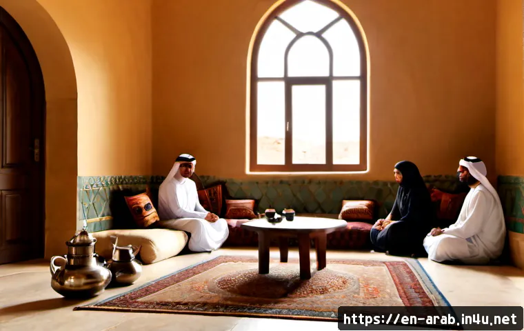 아랍어권에서 종교와 문화 - Photorealistic interior of a sunlit Arab family home during a cultural gathering, three generations ...