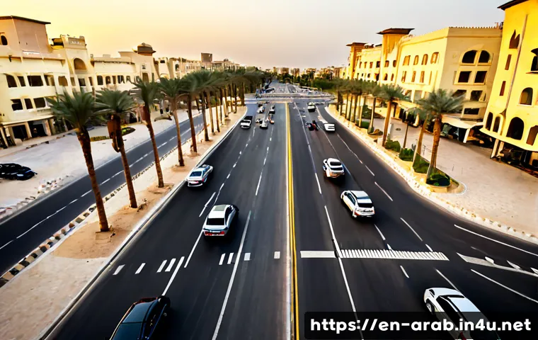 아랍어권에서의 교통 문화 - Photorealistic wide-angle view of a modern Gulf city intersection at golden hour, orderly streams of...